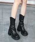 厚底ショートブーツ 太ヒール 韓国秋冬靴