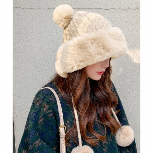 ダブルポンポンニット帽子 ファー帽子韓国 ダブルポンポンニット帽子 ファー帽子韓国