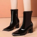 シューズ スクエアトゥ ショートブーツ レディース 超繊維 くつ 靴 ブーティ アンクル丈 6cmヒール サイドジッパ チャンキーヒール 超繊維 韓国 インポート 秋