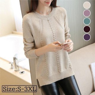 ニット セーター レディース 秋 冬 長袖 丸首 トップス 無地 お洒落 シンプル 通勤 OL チュニック ニットソー カジュアル