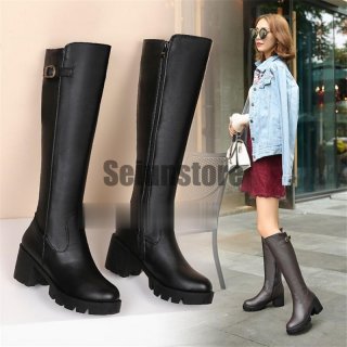 ロングブーツレディース３０代大きサイズ ロングブーツニーハイブーツ厚底チャンキーヒールスリッポンシューズ 黒ブーツパンプス４０代冬靴 二次会～/コーヒー