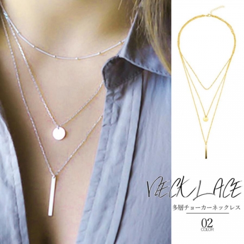 3連 チェーンネックレス レディース チョーカーネック 首飾り ペンダント メタル スティックバー アクセサリー 重ね付け風【ゆうパケット可】