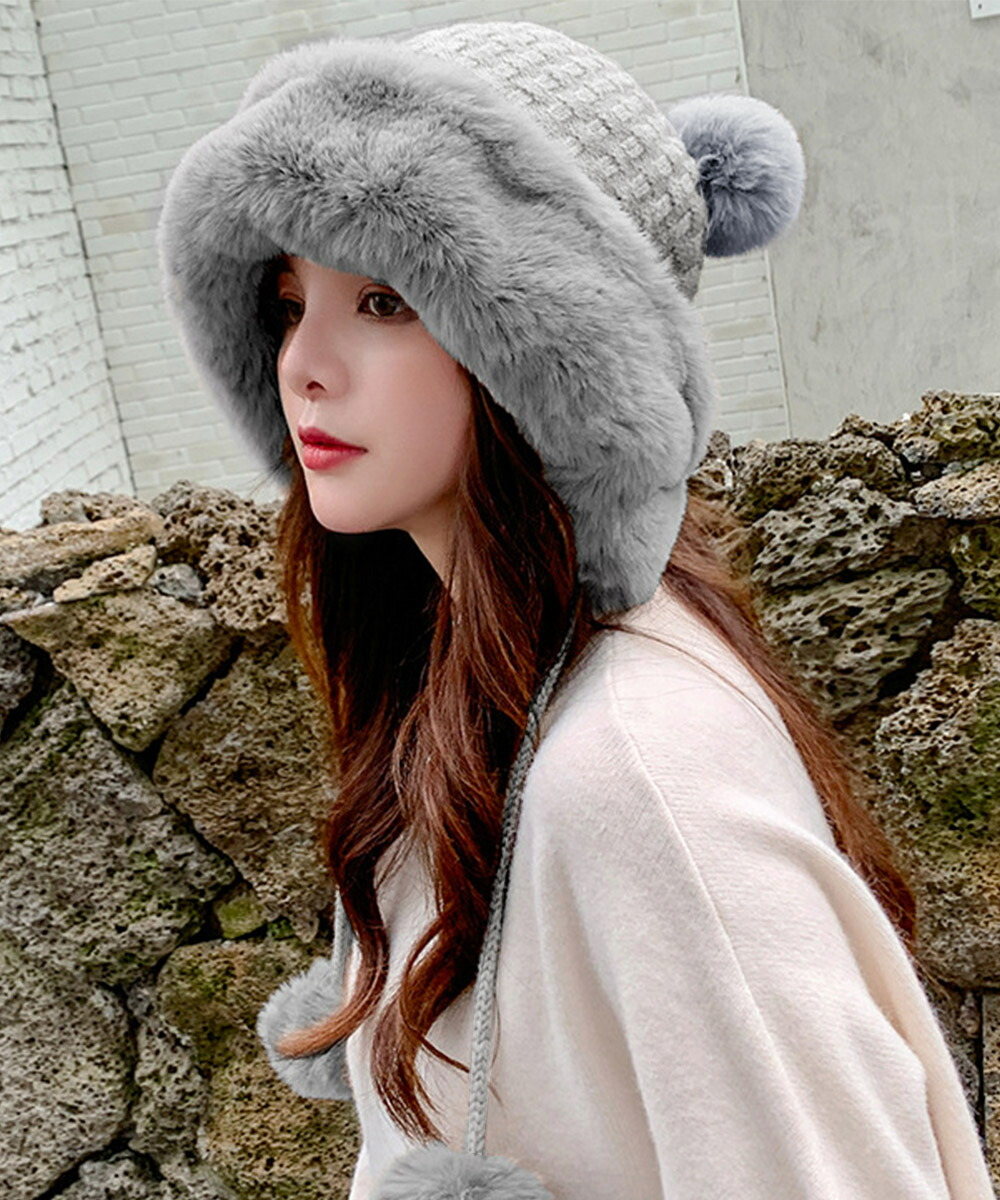 ダブルポンポンニット帽子 ファー帽子韓国
