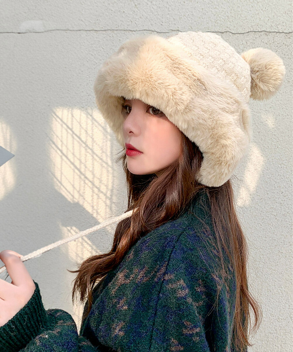 ダブルポンポンニット帽子 ファー帽子韓国