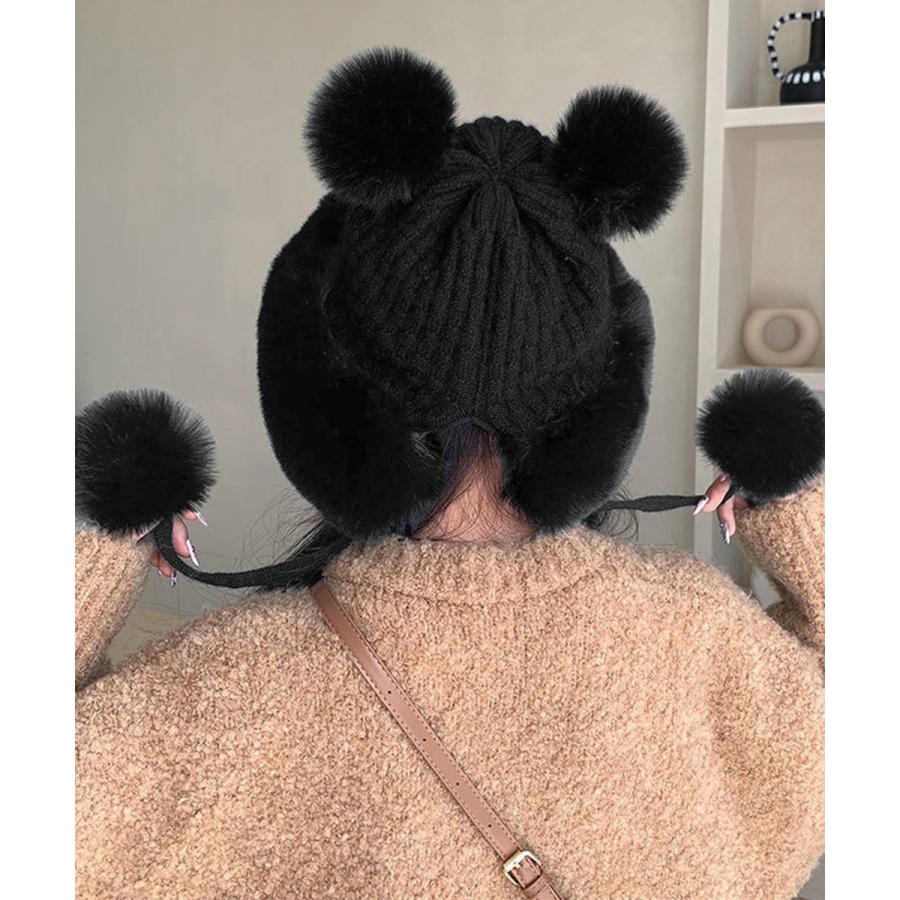 ダブルポンポンニット帽子 ファー帽子韓国