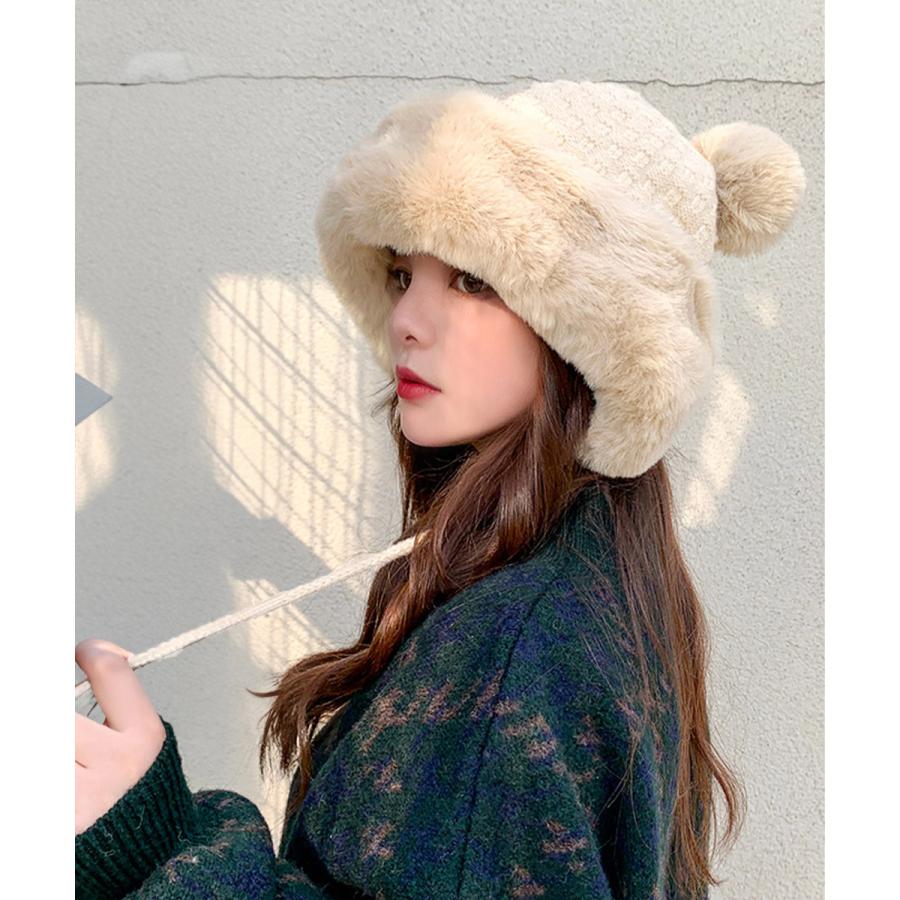 ダブルポンポンニット帽子 ファー帽子韓国