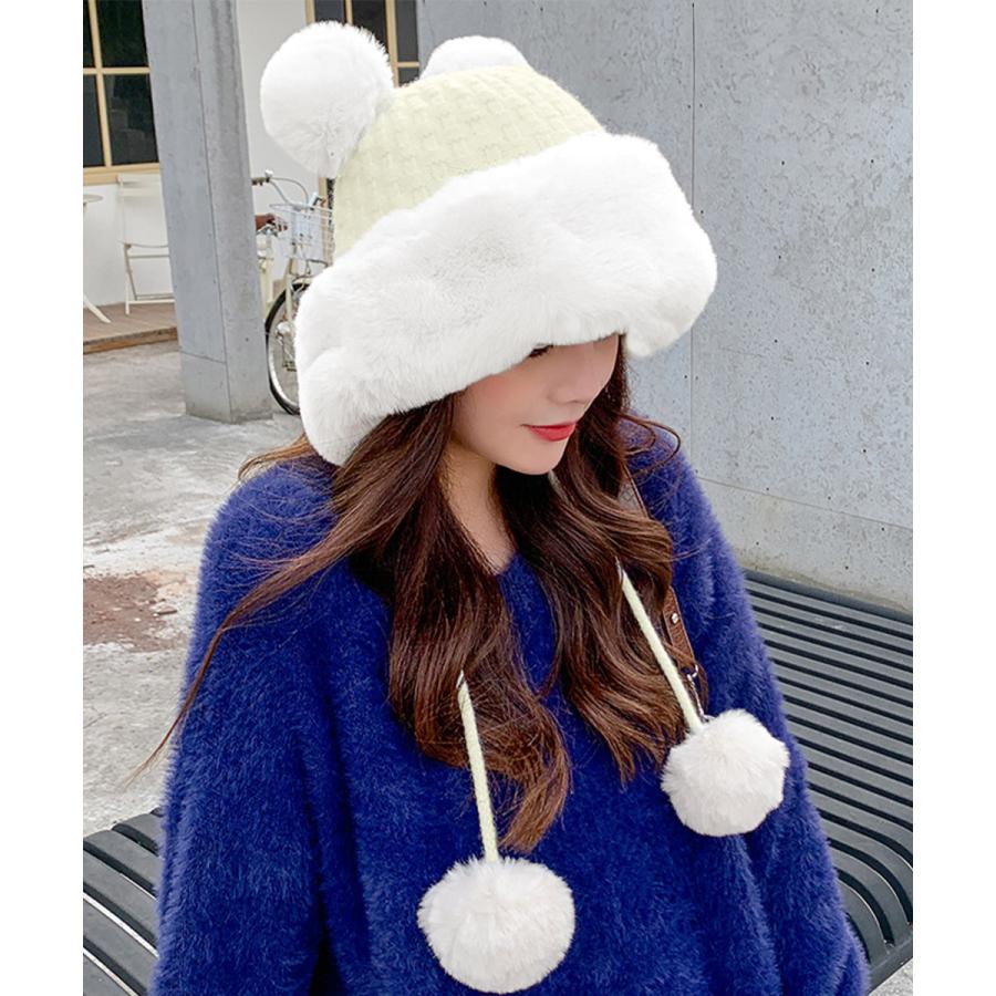 ダブルポンポンニット帽子 ファー帽子韓国