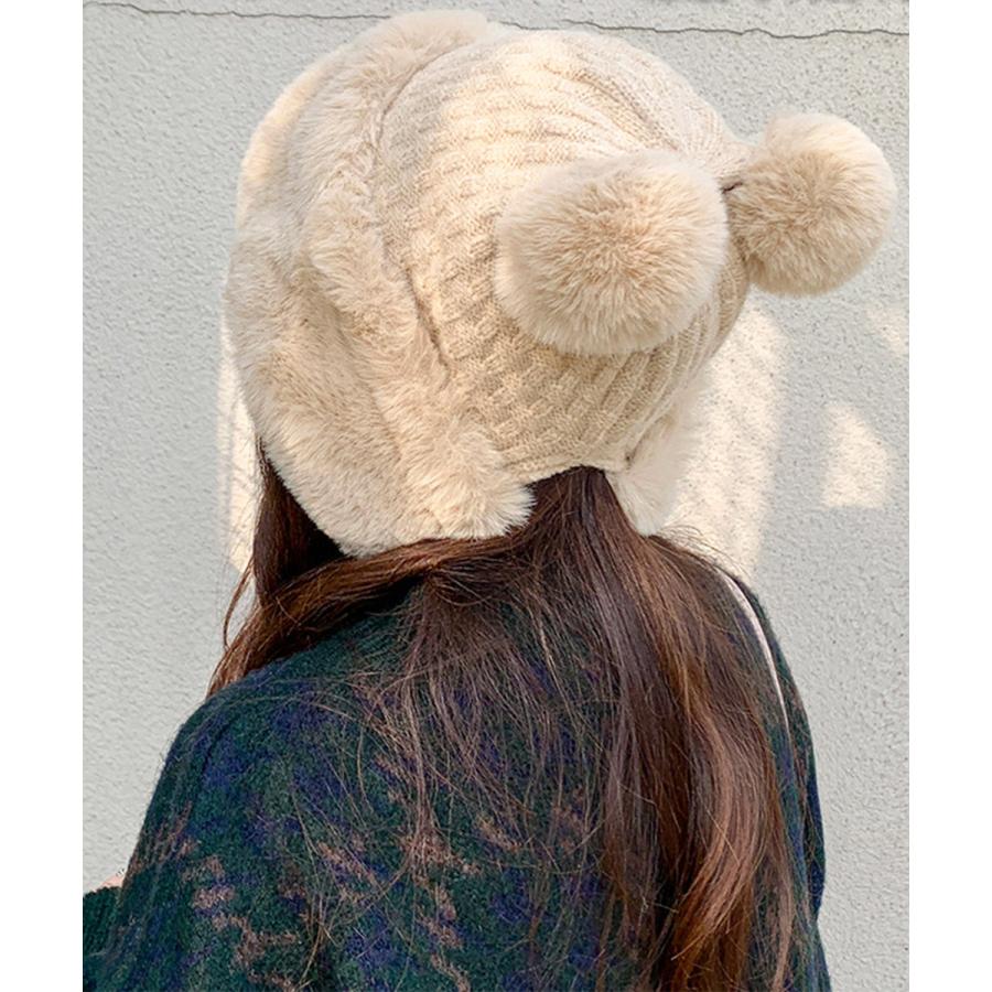 ダブルポンポンニット帽子 ファー帽子韓国