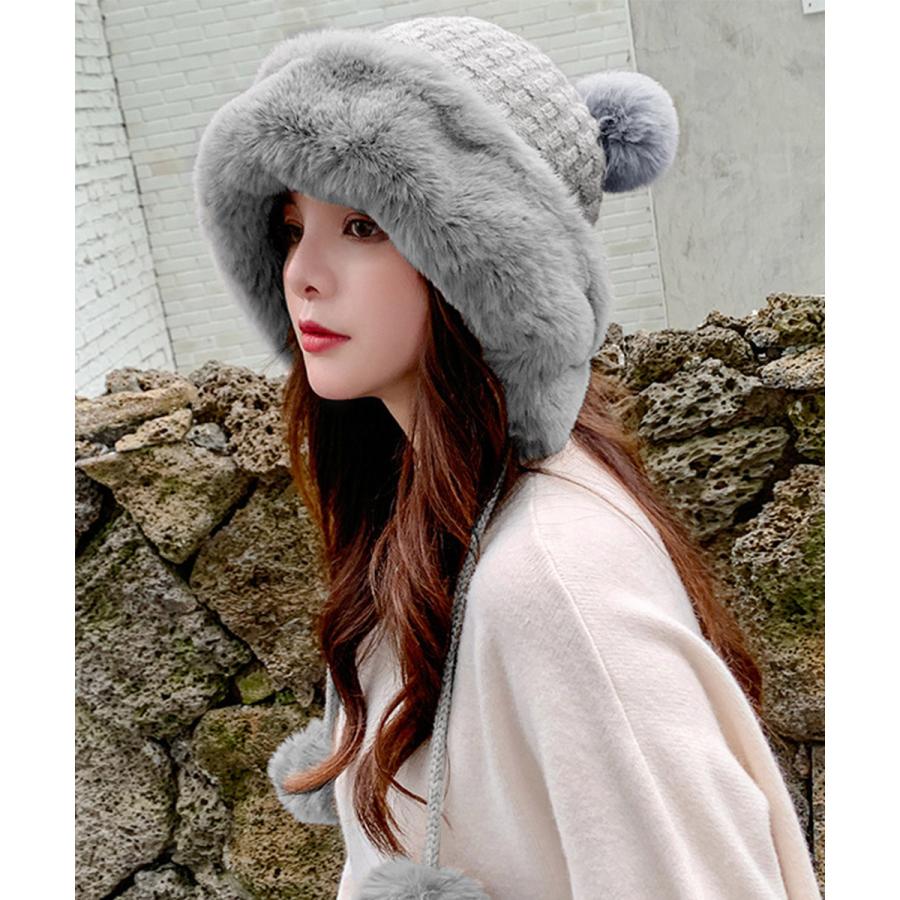 ダブルポンポンニット帽子 ファー帽子韓国