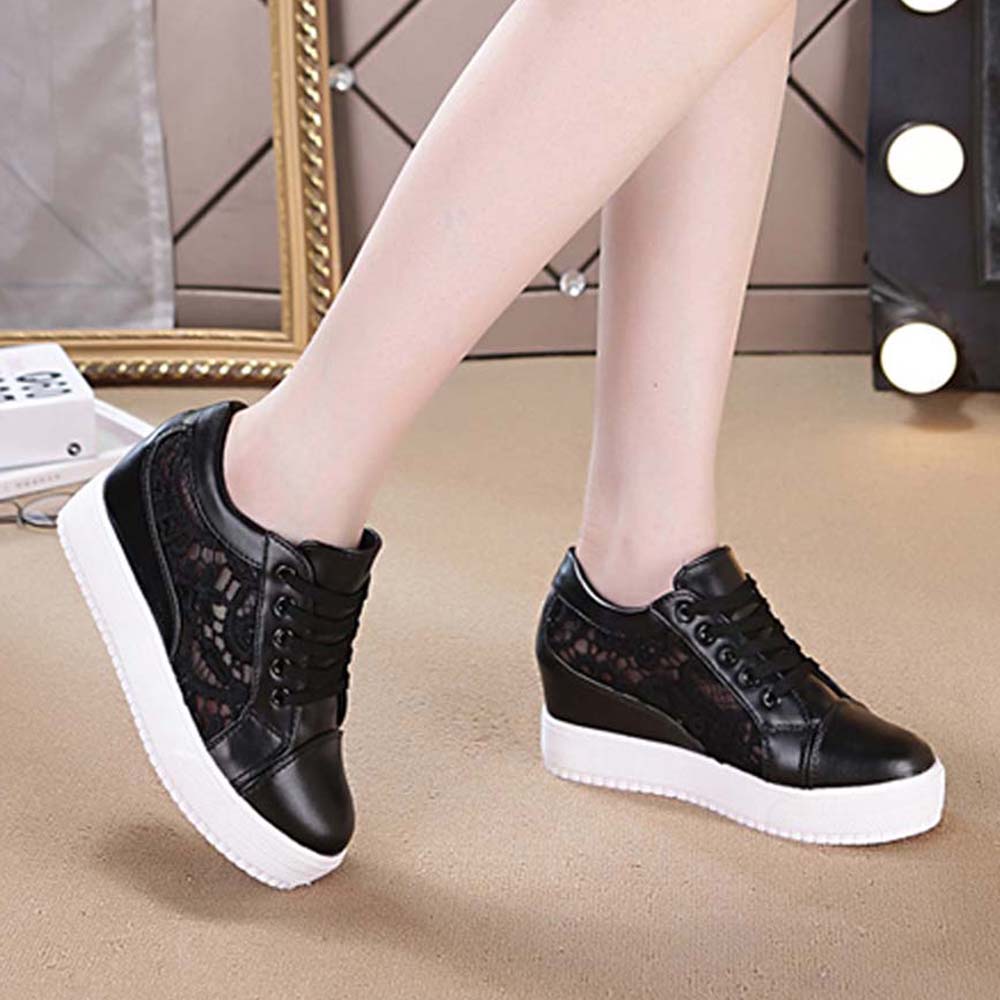 インヒールスニーカー レディース レースシースルー切り替え シューズ 厚底 靴 痛くない