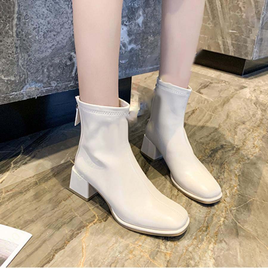 ブーツ レディース ショートブーツ 白 茶 黒 ショート 太ヒール チャンキーヒール 大きいサイズ 歩きやすい 5センチ ブーティ ローヒール バックジップ