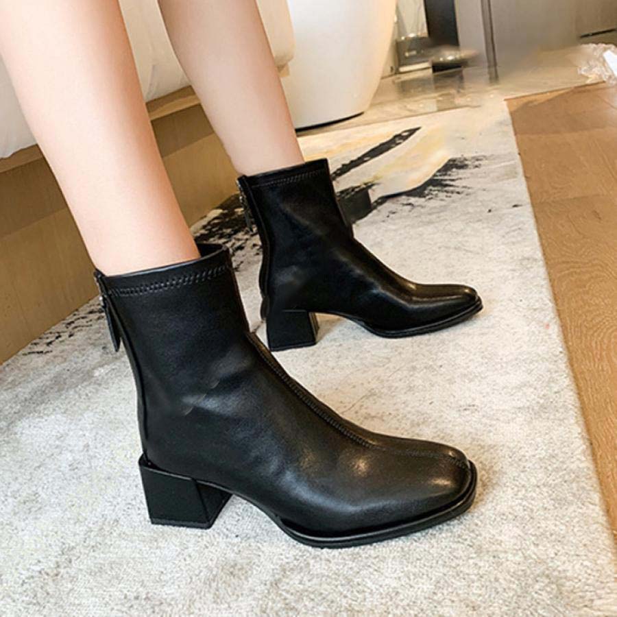 ブーツ レディース ショートブーツ 白 茶 黒 ショート 太ヒール チャンキーヒール 大きいサイズ 歩きやすい 5センチ ブーティ ローヒール バックジップ