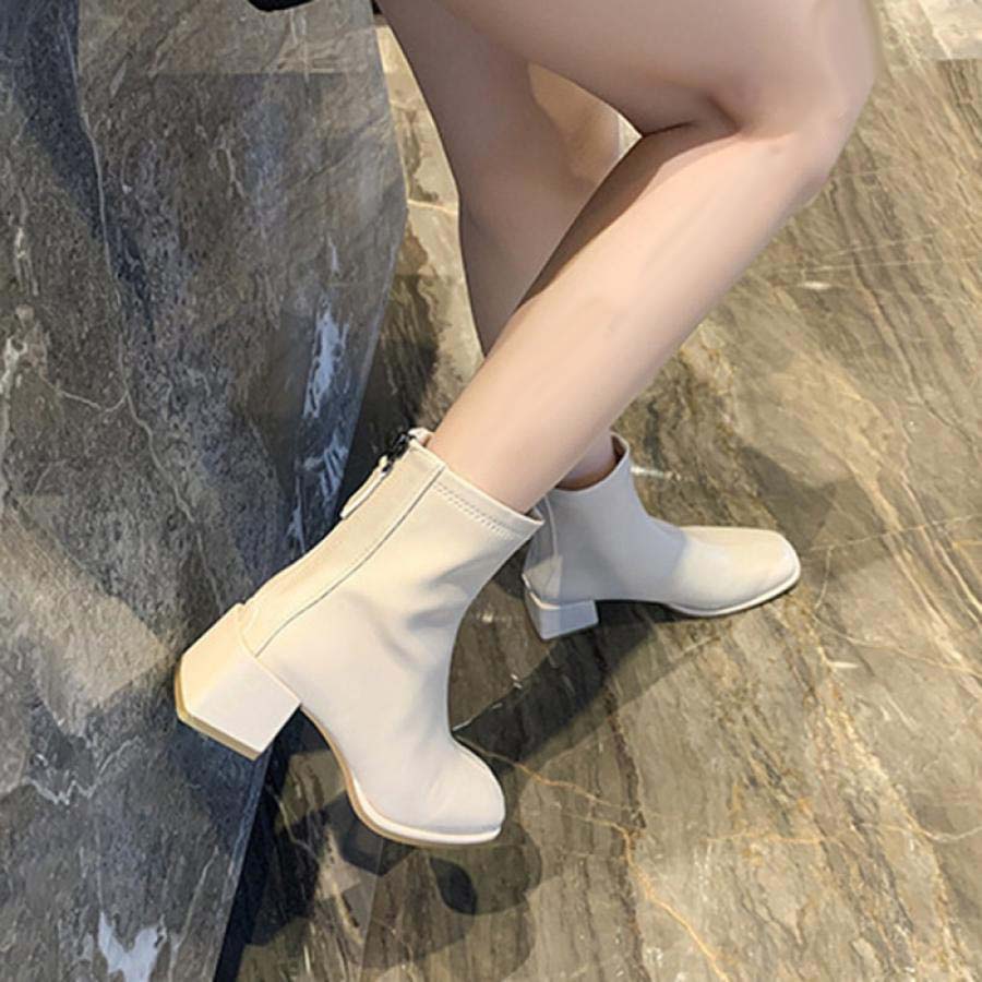 ブーツ レディース ショートブーツ 白 茶 黒 ショート 太ヒール チャンキーヒール 大きいサイズ 歩きやすい 5センチ ブーティ ローヒール バックジップ