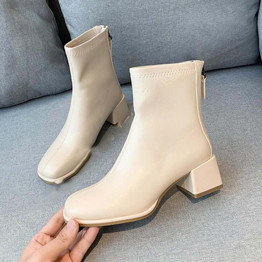 ブーツ レディース ショートブーツ 白 茶 黒 ショート 太ヒール チャンキーヒール 大きいサイズ 歩きやすい 5センチ ブーティ ローヒール バックジップ