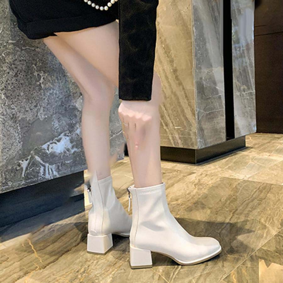 ブーツ レディース ショートブーツ 白 茶 黒 ショート 太ヒール チャンキーヒール 大きいサイズ 歩きやすい 5センチ ブーティ ローヒール バックジップ