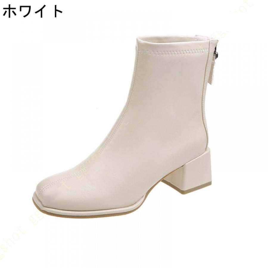 ブーツ レディース ショートブーツ 白 茶 黒 ショート 太ヒール チャンキーヒール 大きいサイズ 歩きやすい 5センチ ブーティ ローヒール バックジップ