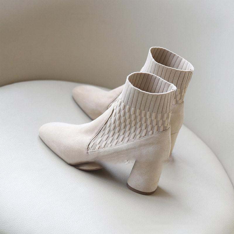 ショートブーツ レディース ソックス風 ニットブーツ チャンキーヒール おしゃれ 歩きやすい 太ヒール 可愛い おしゃれ 靴 美脚 脚長
