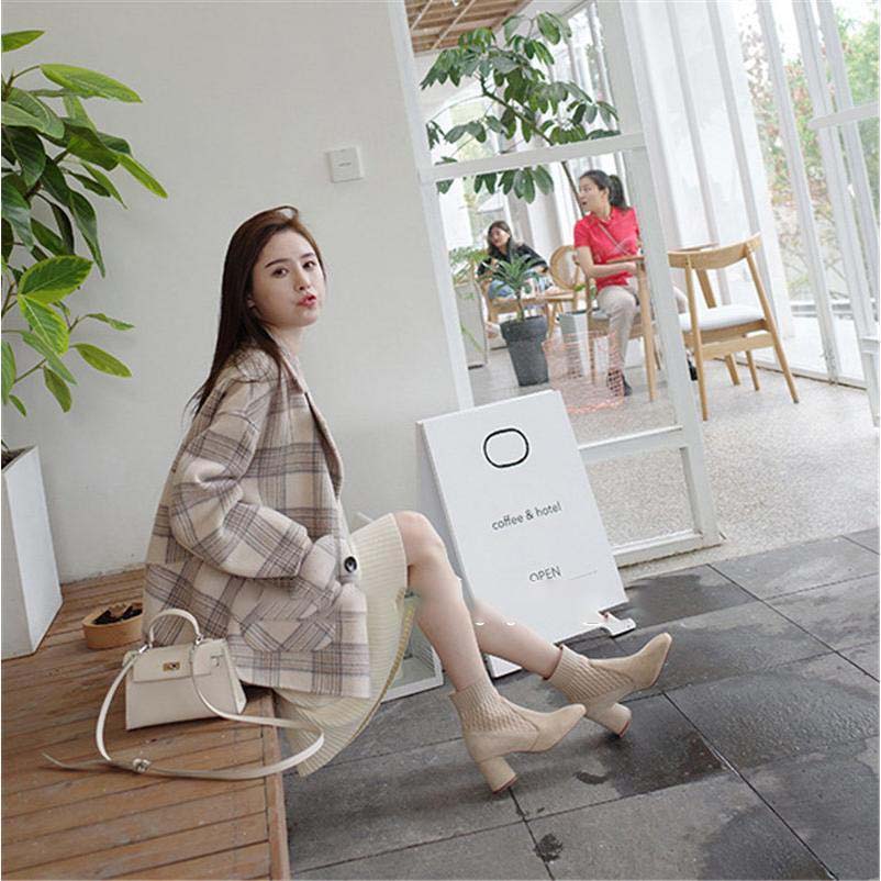 ショートブーツ レディース ソックス風 ニットブーツ チャンキーヒール おしゃれ 歩きやすい 太ヒール 可愛い おしゃれ 靴 美脚 脚長