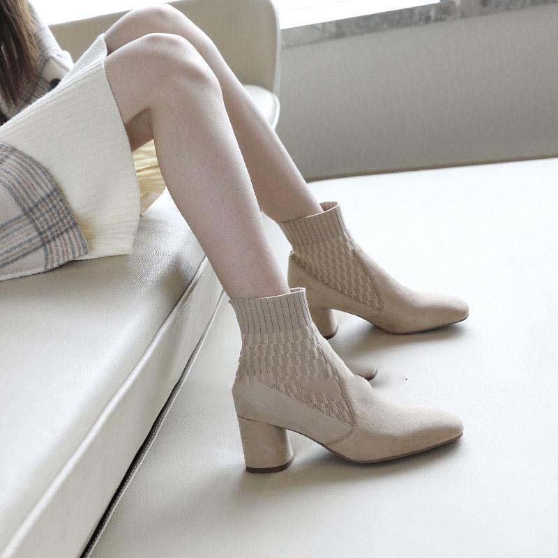 ショートブーツ レディース ソックス風 ニットブーツ チャンキーヒール おしゃれ 歩きやすい 太ヒール 可愛い おしゃれ 靴 美脚 脚長