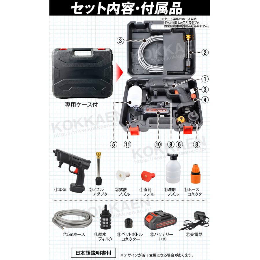 高圧洗浄機 充電式 6in1 21V バッテリー?充電器付 マキタバッテリ互換 専用ケース付 家庭用 洗車 掃除 ベランダ バケツ給水 パワフルハンディ高圧洗浄機 国華園